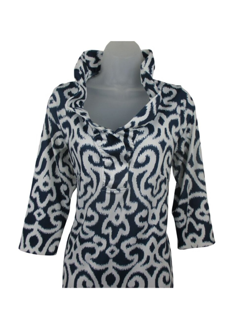Gretchen Scott Women's Blue & White 3/4 Sleeve Ruffle Collar Shift Dress Size L - Picture 3 of 8